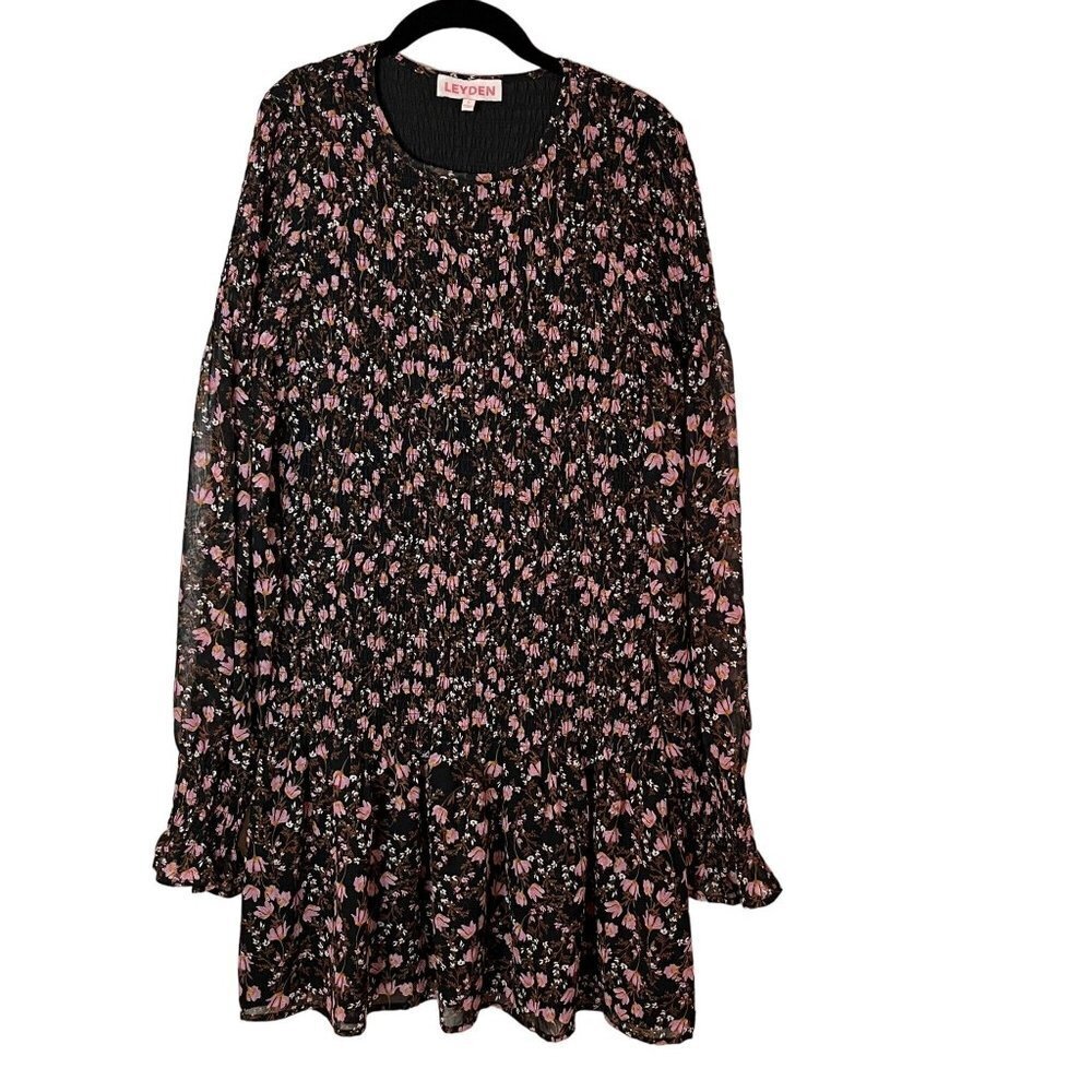 Leyden Smocked Bodice Balloon Long Sleeve Dress Floral Black Pink Size‎ Small
